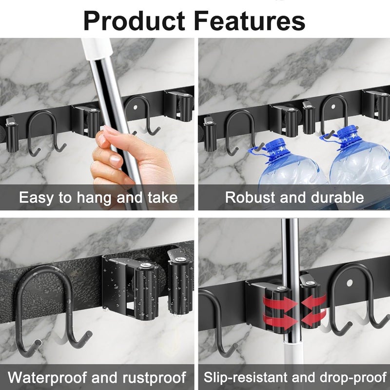 GUUKAR Broom Holder Wall Mount, 2 Packs Black Stainless Steel Tool Storage Organizer for Kitchen Garden Garage Laundry Room Bathroom and RV with 4 Slots 6 Hooks - Image 3